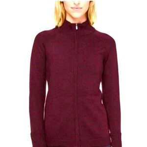 PEGGY MARTIN Vintage Wool Knit Zip Up Long Knit Jacket, space dye burgundy